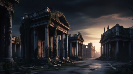 Obraz premium An eerie, abandoned cityscape at dusk, with crumbling ruins of once-majestic buildings, overgrown with vines and moss