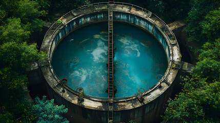 Obraz premium Aerial View of a Circular Water Tank Surrounded by Trees