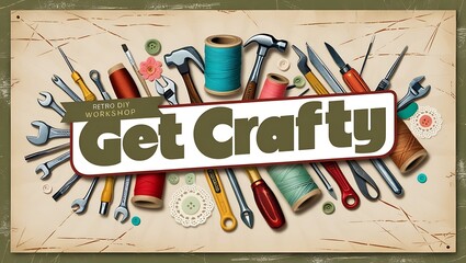 Retro DIY Workshop Announcement with Tools and Craft Supplies