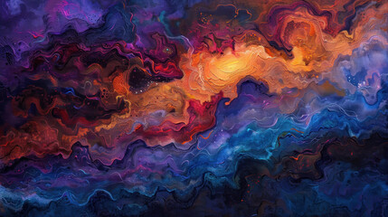 A surreal abstract sky with swirling colors and textures, blending deep purples, blues, and fiery oranges in a dreamlike composition