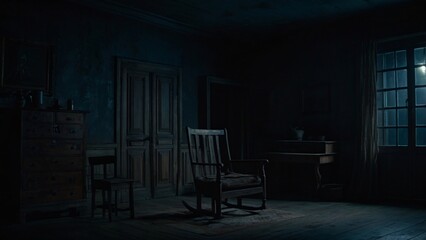 A dark, eerie house interior at night, illuminated only by faint moonlight streaming through a window