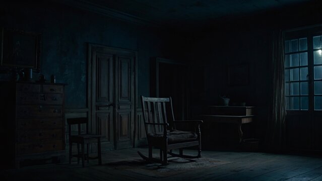 A dark, eerie house interior at night, illuminated only by faint moonlight streaming through a window