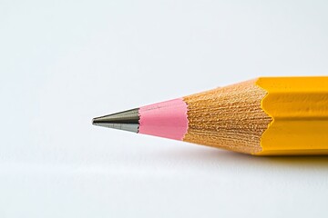 Side view of sharpened yellow pencil with pink eraser