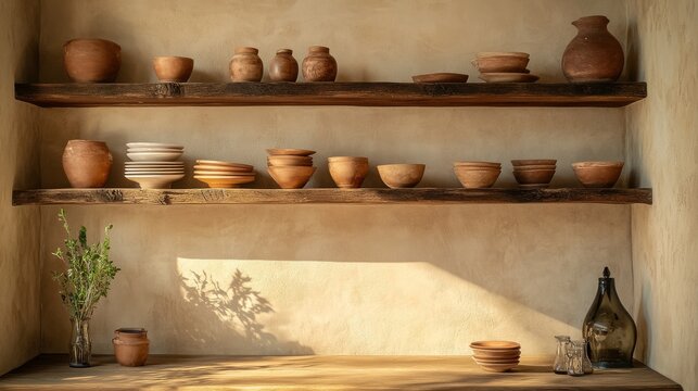 a traditional Navarrese kitchen setting with rustic wooden shelves and locally made earthenware, celebrating Day of Navarre, 