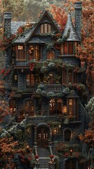 Fototapeta premium Enchanted Stone Cottage in Autumn: A Fairytale House Covered in Ivy