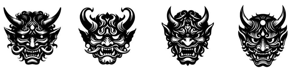 Naklejka premium japanese set of oni mask vector art, Stylish and detailed collection of Japanese Oni masks vector art, symbolizing the power, myth and unique culture of Japan.