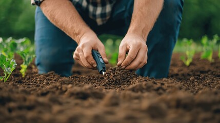 A farmer checking soil health with a handheld testing device in a regenerative farm