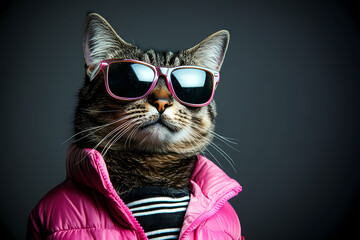 cat with sunglasses in pink   jacket, card with copy space
