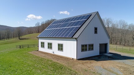 Obraz premium A farmer installing solar panels on a barn roof to supply clean energy for sustainable farm operations