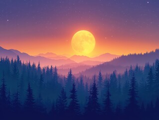 Explore the enchanting silhouette of a forest beneath a starry violet and indigo sky