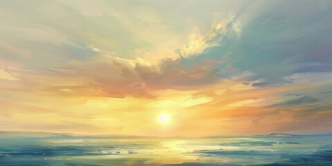 Fototapeta premium A tranquil sunset over a quiet landscape, the sky glowing with soft pastel hues as the day ends.