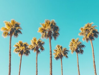 Blue sky and tall palm trees from a ground perspective with sunlight shining through creating a tropical and serene atmosphere.