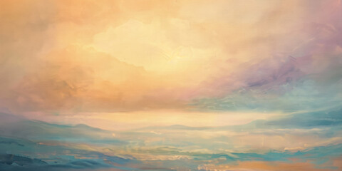 A tranquil sunset over a quiet landscape, the sky glowing with soft pastel hues as the day ends.