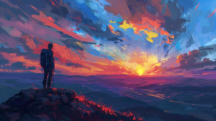 Fototapeta premium A traveler gazing at the sunset from a hilltop, the sky filled with warm colors as the sun dips below the horizon.