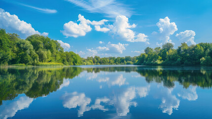 Fototapeta premium A vast blue sky reflected perfectly in a still lake, the water mirroring the soft clouds floating above