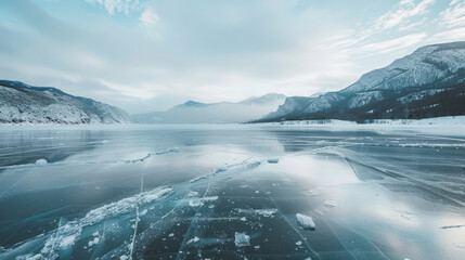 Fototapeta premium A vast frozen lake stretching toward distant mountains, the ice smooth and reflecting the pale winter sky