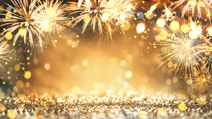 Vintage bright gold golden Fireworks sparkle and bokeh with Christmas stars lights in New Year eve...