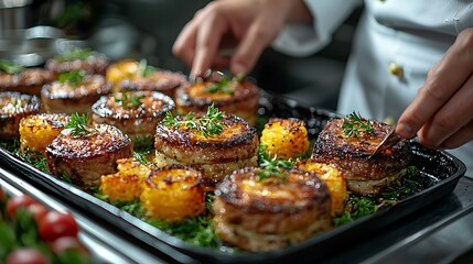 Naklejka premium A chef carefully garnishes a tray of baked, golden-brown dishes with fresh herbs.