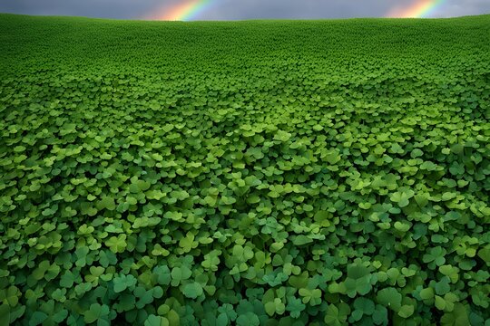 A lush green field covered with four leaf clovers morning dew sparkling on the leaves under soft sunlight, Ai Generated