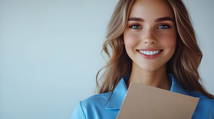 Obraz premium Smiling Woman with Blue Shirt and Folder Illustration