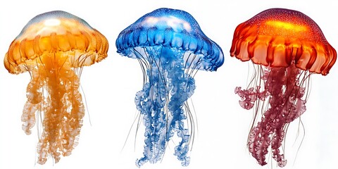 Fototapeta premium Colourful jellyfish bundle (orange, blue and red), isolated on a white background 