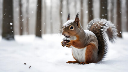 Squirrel with snow dusted acorn in snowy forest, playful winter scene