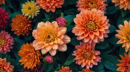Fototapeta premium Bunch of orange flowers with green leaves