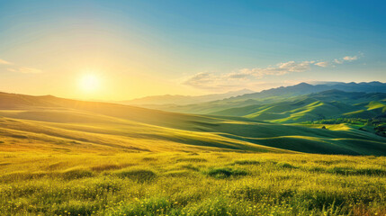 Fototapeta premium A wide landscape with rolling hills under a clear blue sky, the golden sun casting a warm glow over the fields