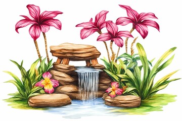 Serene Waterfall Surrounded by Tropical Flora and Vibrant Flowers in a Lush Garden Setting for Tranquil Nature Scene