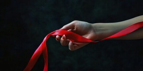 Hands holding a red ribbon, symbolizing unity and support,space for text