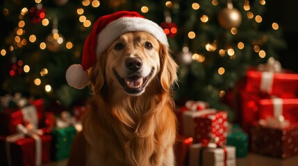A Golden Retriever wearing a Santa hat, sitting in front of a warmly lit Christmas tree with wrapped gifts around, smiling towards the camera, copy space, Merry Christmas background, festive pet 