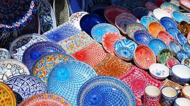 Colorful ceramic pottery on display in the Medina of Tunis on a bright sunny day in Tunisia