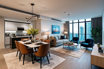 Contemporary Apartment Layout with Stylish Dining Area, Modern Furniture, and Spacious Lounge
