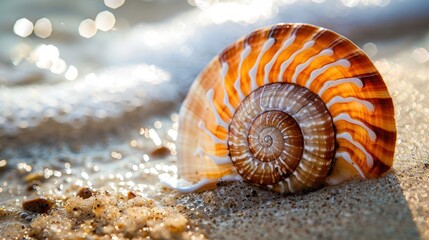 Abstract depiction of a nautilus shell, focusing on its detailed swirl. The shell's natural patterns are beautifully displayed in this art piece.