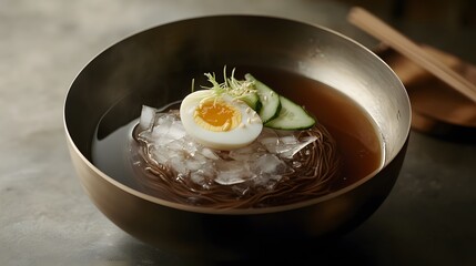 A bowl of naengmyeon, cold buckwheat noodles served in an icy broth with cucumber and boiled egg.



