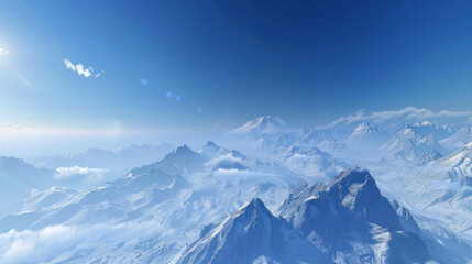 Fototapeta premium Blue sky fading into a distant horizon of snowy mountain peaks, the air crisp and clear