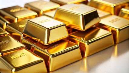 A Detailed Macro Photography of Several Gold Bars of Various Weights Isolated on a White Background Showcasing Their Unique Textures and Reflections for Luxury and Investment Themes