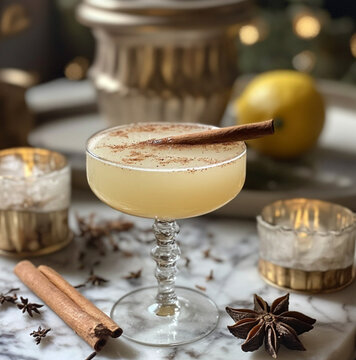 a photo of a cocktail made apple juice, lemon juice, tablespoon honey, agave syrup, cinnamon stick Apple slice to decorate Ice