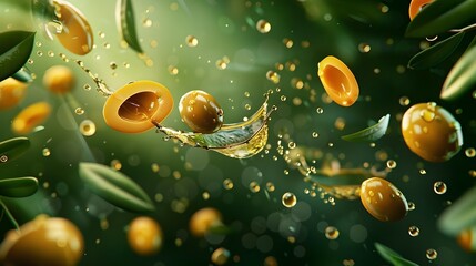 Green Olives with Olive Oil Splash and Leaves