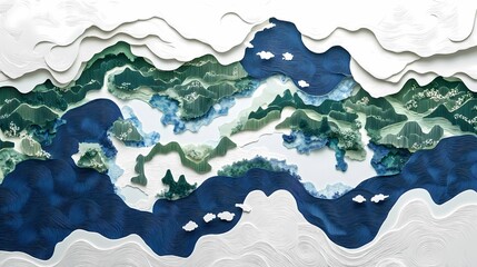 Traditional green and white paper-cut art Chinese landscape poster background