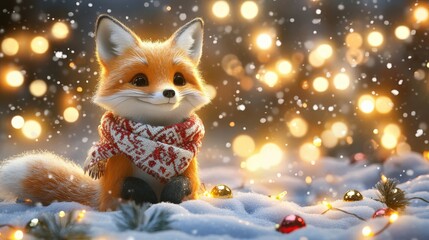 An adorable fox wrapped in a holiday scarf and sitting on a bed of snow, with Christmas lights softly glowing in the background, copy space, Merry Christmas background, seasonal wildlife scene