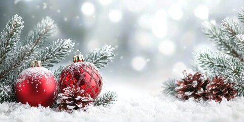 Red Christmas ornaments in snowy setting