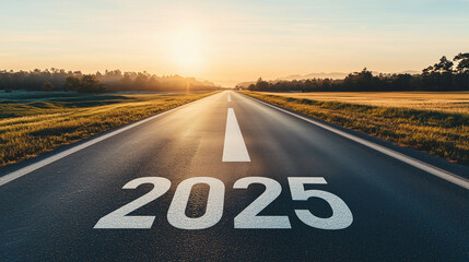 Empty asphalt road leading to a bright sunrise with the year 2025 painted on the road surface, symbolizing a new beginning and journey ahead