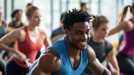 Smiling Man in a Group Fitness Class
