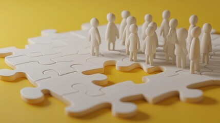 A group of white figurines stands on a puzzle piece against a yellow background.