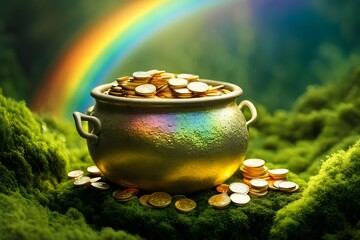 A pot of gold with sparkling golden coins sitting on rich green moss under a vibrant rainbow, AI Generated