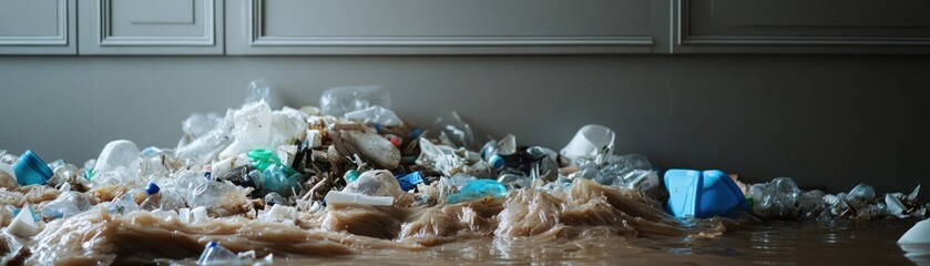 A large pile of plastic waste and debris in a flooded area, highlighting environmental issues.
