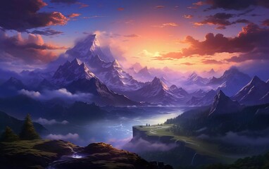 A breathtaking sunset over majestic mountains and a serene river, evoking tranquility and awe.