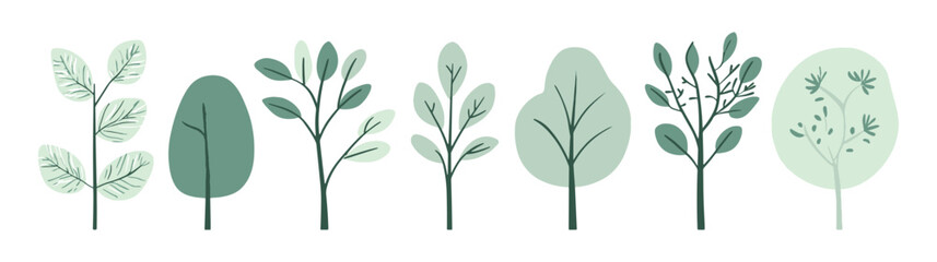 Set of tree and leaf collection hand drawn flat design vector element. botanical set of bare trees and ones with leaves and lush green