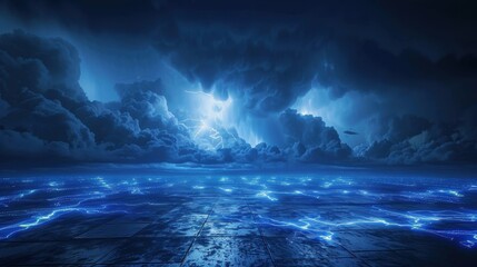 The abstract beauty of a lightning storm captivates. Dark clouds and rain enhance the scene's drama.
